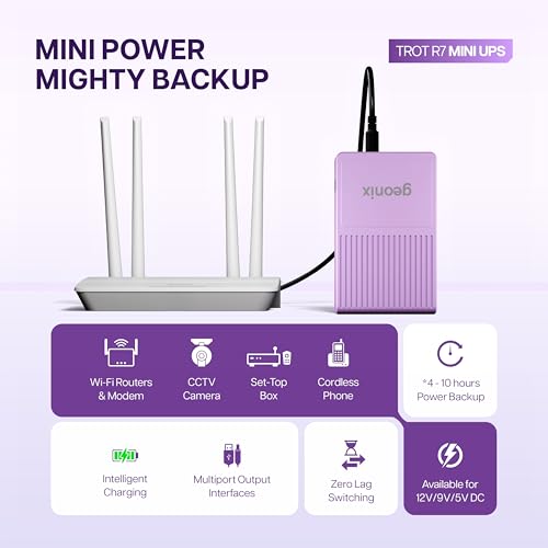 Image of Geonix Trot R7 Mini UPS, Backup Upto 6 Hrs, 2x2000 mAh Battery, Supports DC Port(12V to 2A), USB (5V /2A) Output |Power Backup for Wi-Fi Routers, CCTV Camera, Cordless Phone, Modem (African Violet)