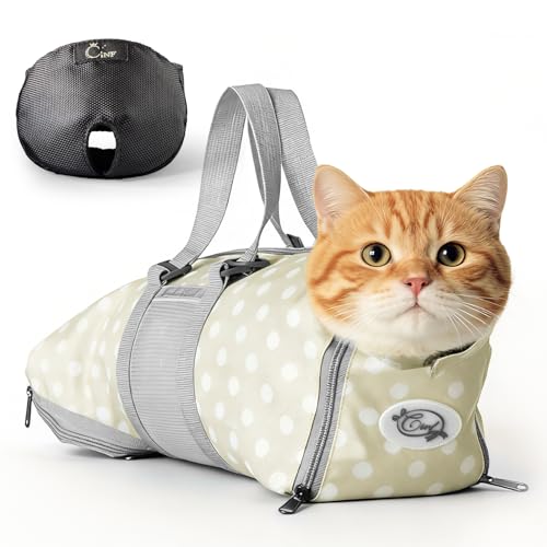 Image of Cinf Cat Nail Clipping Cleaning Grooming Restraint Bag (Free Muzzle) No Scratching Biting for Bathing Nail Trimming Injecting Examining((Beige Gray&Dot,M)