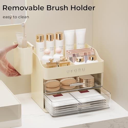 Image of UFORU Makeup Organizer for Vanity with Brush Holder, Countertop Skincare Organizer with 2 Drawers, Spacious Cosmetic Display Case for Perfumes, Eyeshadow Palettes, Nail Polishes