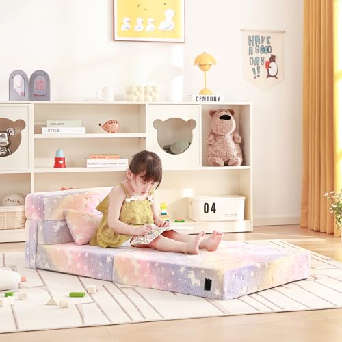 Givjoy Folding Sofa Bed Floor Mattress for Kids with Pillow, Toddler Washable Folding Floor Nap Mat Futon, Child Fold Up Sofa Folding Chair Bed with Storage Bag for Girls and Boys