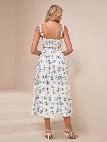 Image of KUTUMAI Floral Corset Midi Dress Flowy Slit Summer Spring Wedding Guest Dresses for Women Sundress with Pockets