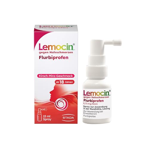 Lemocin Flurbiprofen Spray gegen Halsschmerzen – schmerzlindernd & entzündungshemmend bis zu 6 Stunden, angenehmer Kirsch-Minz-Geschmack – für Erwachsene ab 18 Jahren - 1x15 ml