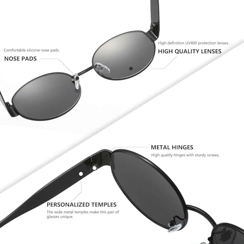 Miniatura 5 de Yueluqu Gafas De Sol Redondas Vintage Clásicas Retro Marco De Metal Gafas De Sol Ovaladas Punk Para Mujeres Hombres Gafas, Negro Gris