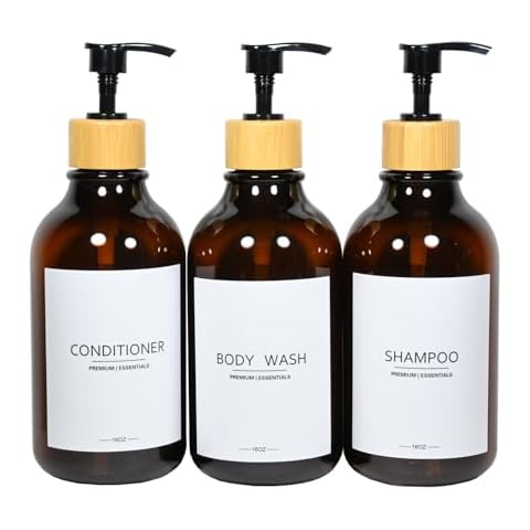 GlrYer Shampoo and Conditioner Soap Dispenser with Bamboo Pump, 3-Pack Smooth Surface Refillable Body Wash Shower Plastic Bottles (16 oz, Amber) Cover