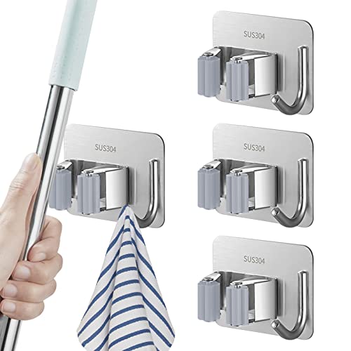 Larkumio Porte Balais Mural, 4 Pièces en Acier Inoxydable Accroche Balai Mural Placard à Balais Accroche Balai Mural sans Percer pour Salle de Bain, Cuisine, Jardin, Garage, Placard (Argent)