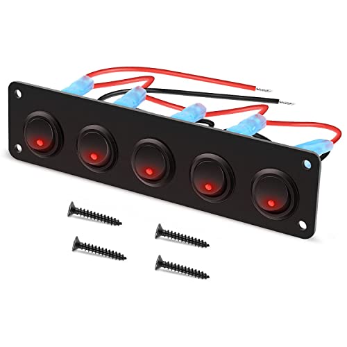 RUNCCI-YUN Panel de Interruptor Basculante de 5 bandas,Panel de interruptor de palanca de LED Rojo 12-24V,SPST Interruptor Coche Redondo para coche, caravana, camión, barco