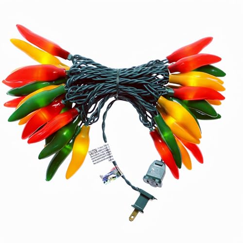 JinBest 35 LED Red Green and Yellow Chili Pepper Christmas Lights 18 Ft Green Wire House Decorative Lighting String for Indoor and Outdoor Party Kitchen Living Room Garden Patio.