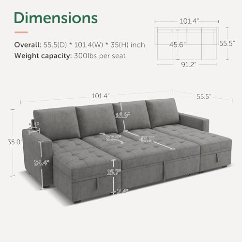 Image of HONBAY Modular Sectional Sleeper Sofa with Pull Out Bed,U Shaped Couch with Storage Seat,Sectional Couches for Living Room,Warm Grey