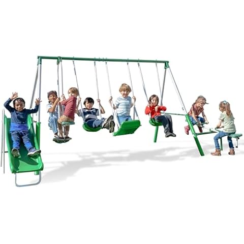 Sportspower Park Ridge Metal Swing Set: 2 Swings/Standing Swing, 2 Person Roman Glider Swing, Teeter Totter and 5' Wavy Slide, EXCEEDS ASTM Safety Standards *Bonus 4pc Anchor Kit* Cover