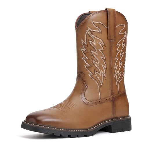 Image of Julyrose Men's Cowboy Boots - Western Boots Square Toe,Slip Resistant,Retro Embroidered Design,Slip on Chunky Heel Country Boot