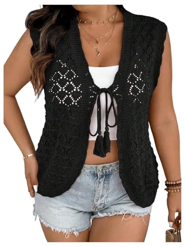 Verdusa Women's Plus Size Bow Tie Hollow Out Sweater Vests Sheer V Neck Lightweight Cardigans