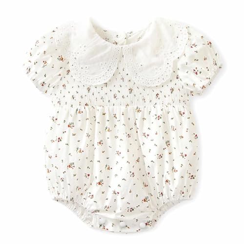 Image of Curipeer Infant Baby Girls White Floral Romper Short Sleeve Smock Embroidered Baby Rompers For Summer 12M