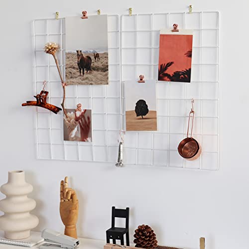 FRIADE Wall Grid Panel for Photo Display Wall Storage Organizer 5 Metal Clips & 3 S Hooks & 4 Nails & 4 Plastic Hanging Buckles and 4 Screws Offered Size 17.5 x 11.8 Set of 2 (White)