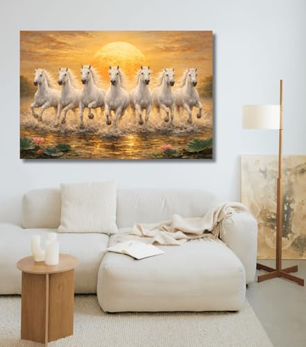 Image of KALPANIK Seven Running Horses With Sunrise Canvas Wall Painting | Vastu 7 White Horses Wall Art for Home Decor | White Running Horses Big Size 7 Horses Vastu Artwork (26x18 Inch, Framed - SMALL)