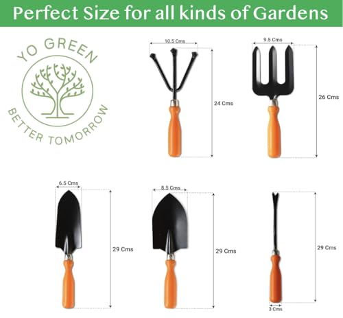 Image of Yo Green Gardening Hand Tools Set - 6 Pcs (Cultivator, Big and Small Trowel, Weeder, Fork) | Gardening Tools for Home Garden | Durable Plant Tool Kit | Farming Tools (5 Pc Tool + Gloves)