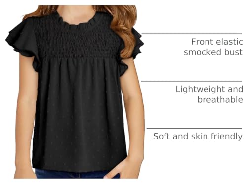 Image of DOKOTOO KIDS Girls Tops Short Sleeve Shirts Summer Blouse Size 6-15 Years | None Elastic Fabric, Ruffle Sleeve, Swiss Polka Dot, Smocked, Crew Neck, Key Hole Back, Dress Spring Outfit, Casual Tee