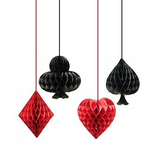 SUNBEAUTY Casino Honeycomb Balls Las Vegas Party Night Party Decorations Hanging Honeycomb Balls for Casino Magic Themed Birthday Backdrop Decoration Red Black 4pcs