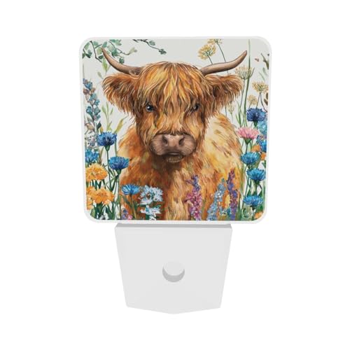 Image of Spring Flowers Night Light Set of 2, Highland Cow Auto Sensor LED Dusk-to-Dawn Nightlights, Plug-in Sensor Lamp for Bedroom Bathroom Kitchen Hallway Stairs Decorative
