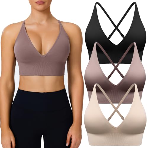 Image of Women's Deep V Neck Sports Bras, Adjustable Straps Criss Cross Strappy Back | Removable Pads, Convertible Straps, Padded, 3 /5Pack, Wireless, Seamless, Bralettes, Spaghetti Strap, for Daily Yoga Pilates