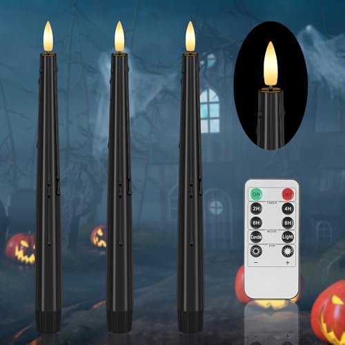 Image of Halloween Flameless Taper Candles with Remote, Black Battery Operated Candles, 9.6 inch Real Wax Flickering Led Candlesticks for Halloween, Home, Wedding, Party, 3 Pack