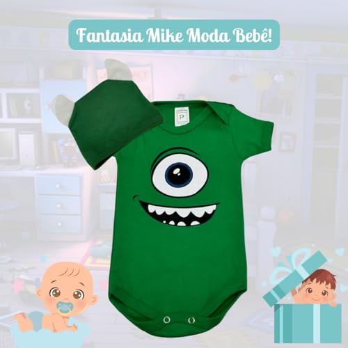 Body Fantasia de Bebe Monstros Mike Verde Menino Menina Touca SA Tecido Algodão Tamanho G