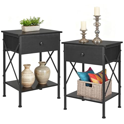 VECELO Nightstand Set of 2, X-Design End Side Table with Fabric Storage Drawer and Open Shelf, Bedside Night Stand with Steel Frame for Bedroom, Living Room,Dorm, Easy Assembly,Classic Black