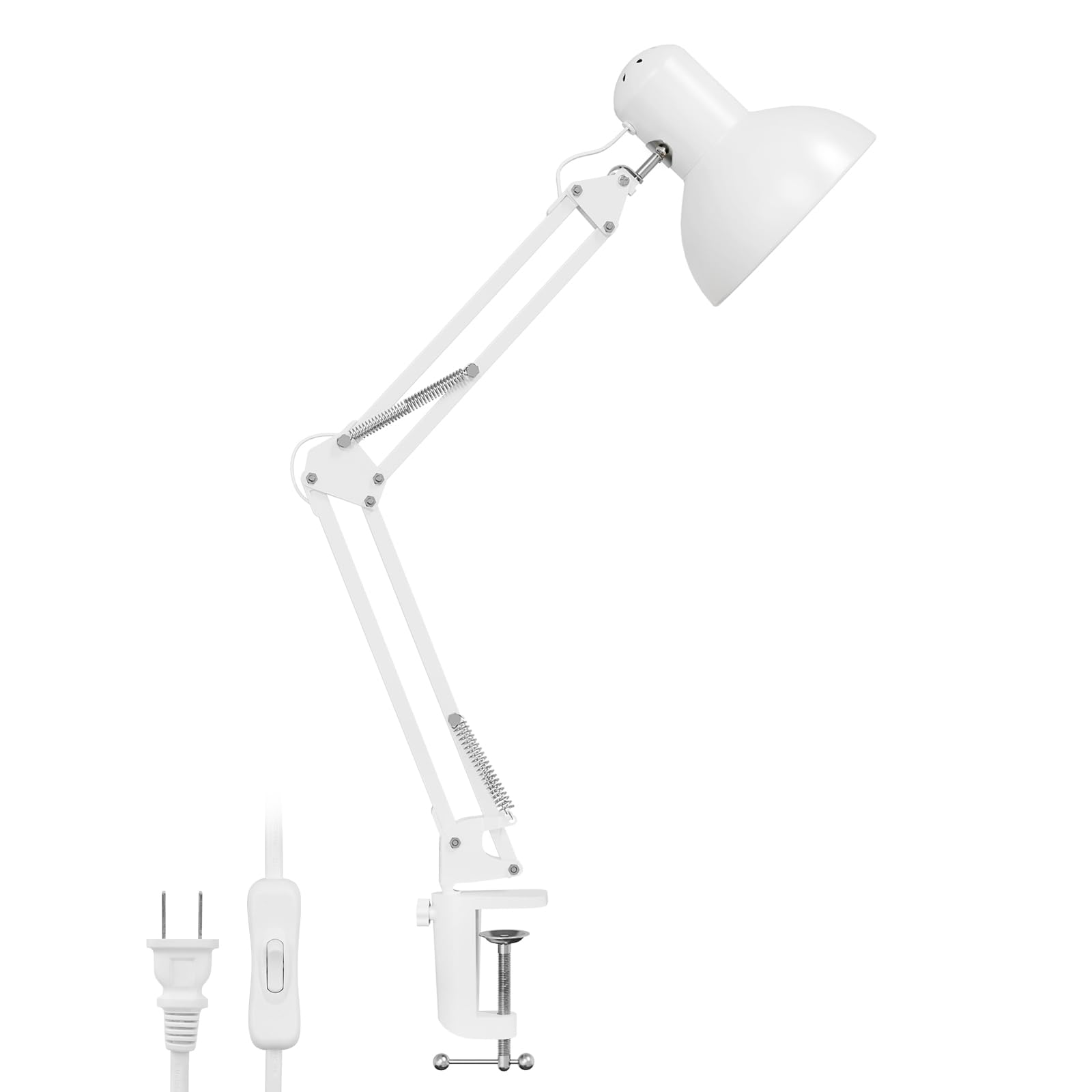 Lepro Lampa biurkowa, zacisk biurkowy z żarówką E27, metalowa lampa stołowa z przełącznikiem przewodowym do biura, salonu i warsztatu, bez żarówek, biała