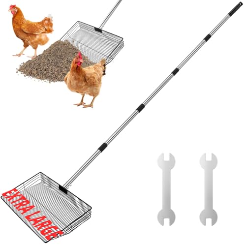 SlowTon Chicken Poop Scooper 15" Wide - Stainless Steel Chicken Coop Scoop Heavy Duty with 40 to 77" Long Handle for No Bending Work, Chicken Coop Litter Cleaning Tool Sand Sifting Shovel