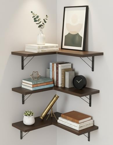 FireBees Wooden Corner Wall Shelves | 3 Tier Floating Wall Mounted Shelf for Living Room & Bedroom | Stylish Book Shelf & Home Decoration Rack for Storage | Room Corner Decoration Items