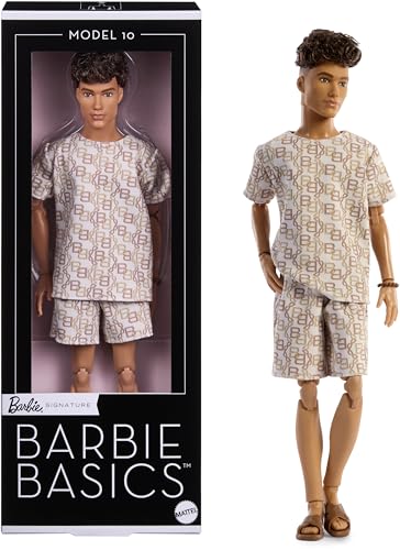 Barbie Basics Model Collector Ken Fashion Doll 10 with Brunette Hair in Shirt & Shorts with Matching Print, Universal-fit Fashions & Posable Body