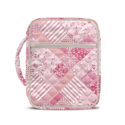 COEQINE Borsa da trasporto per libri biblici con cerniera per donne, bandiera rosa, plaid bianco, trapuntata, con manici, copertina per Bibbia, romanzi biblici, amanti dei libri, regali per donne, 27