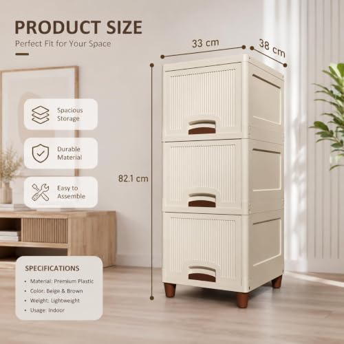 Image of Multipurpose Foldable Drawer Cabinet Organizer - Plastic Storage Cupboard with Double Door & Wheels | Clothes Rack, Kids Wardrobe for Home, Kitchen, Office (Ivory Drawer) 3 Layer