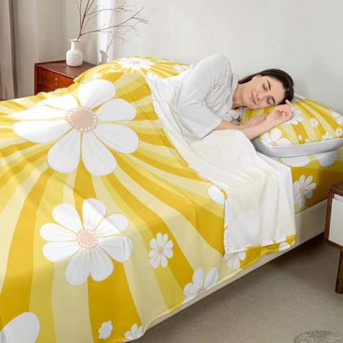 Image of Cartoon Flowers Bed Sheet Queen Set Yellow Stripes Sheets Sets Adults Bedroom Decor Daisy Microfiber Bedding Set with Flat,Fitted Sheet,2 Pillow Cases
