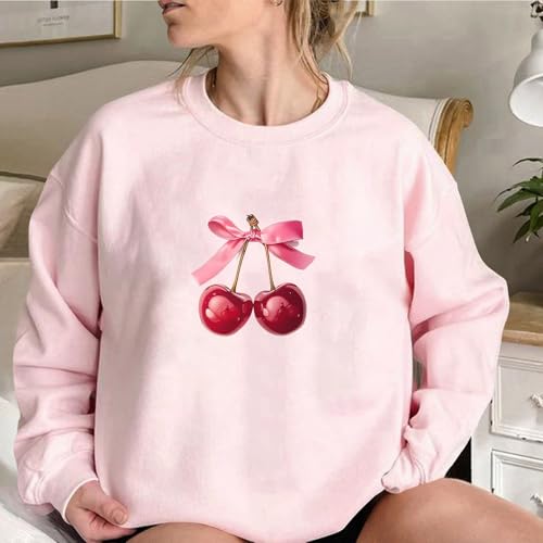 Akklian Cute Sweatshirt for Women Cherry Bow Print Long Sleeve Kawaii Pullover Oversized Loose Teen Girl Preppy Clothes Pink2