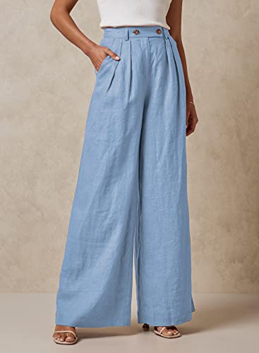 Evaless Plus Size Linen Pants For Women Trendy Elastic High Waisted Wide Leg Palazzo Pants Business Casual Work Lounge Pants Loose Flowy Button Up Trousers With Pockets Sky Blue X-Large #TOP2