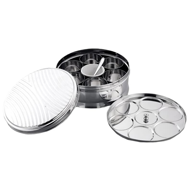 JVL Stainless Steel Kitchen Storage Spice tin Set Designer Lid with Seven Bowls - (275 ml Each, Large) DST-3