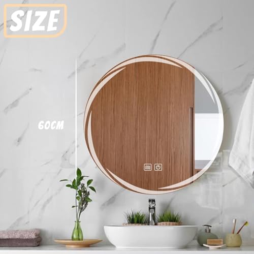Image of ALFA Design 24x24 Inch Round Wave Design LED Mirror | Wall Mounted with Touch Sensor, 3 Light Modes Natural, Warm & Cold White | Wall Decor for Living Room, Entryway, Washroom