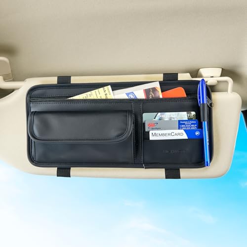 High Road Sunglasses Holder for Car Visor - Faux Leather Sunglasses Storage Organizer with Card Pockets and Zippered Car Document Compartment