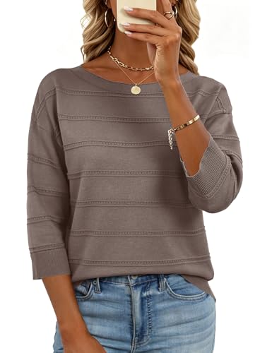 LOMON Womens Fashion Casual 2026 Spring Crew Neck 3/4 Sleeve Light-Weight Comfy Cozy Knit Basic Pullover Tops Sweaters Nutmeg, L