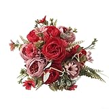 Bouquet di peonie artificiali, fiori finti realistici per la decorazione della casa e per matrimoni, in plastica resistente ai raggi UV, con vivaci colori autunnali (rosso)