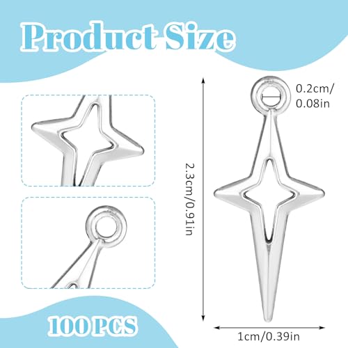 Image of Mabor 100 x DIY silver pendants for bracelets, pendants for crafts, silver stars, jewellery making, small hollow four-pointed star pendant, metal jewellery, craft, bracelet, earrings, necklace