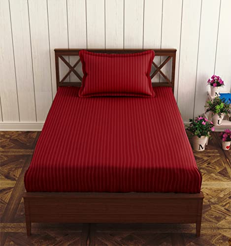 Image of Trance Home Linen 100% Cotton 80x38 inch 200TC Satin Stripe Elastic Fitted Bedsheet | College /Hostel Use Fitted Bedspread with 1 Pillow Cover (80 inchx38 inch | 6.6x3.1 feet, Maroon)