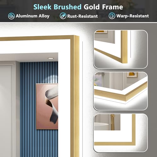 Image of 66x36 Gold LED Bathroom Mirror with Lights, Backlit & Front Lit | Brushed Gold Framed, Anti-Fog Lighted Vanity Mirror, Dimmable, 3-Color Temp, Memory, CRI95, HD Tempered Glass, UL Listed