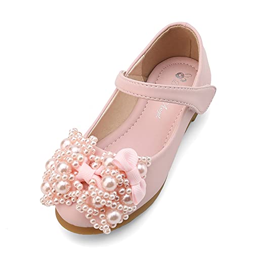 Kid's Girl's Mary Jane Ballerina Flat Pearl Wedding Party Flower Girl Princess Dress Shoes with Bow - Main Image