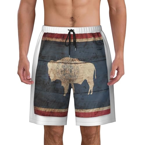 Wyoming State Flag Map Print Mens Swim Trunks Swim Shorts Swimsuits with Pockets Beach Shorts for Men Quick Dry