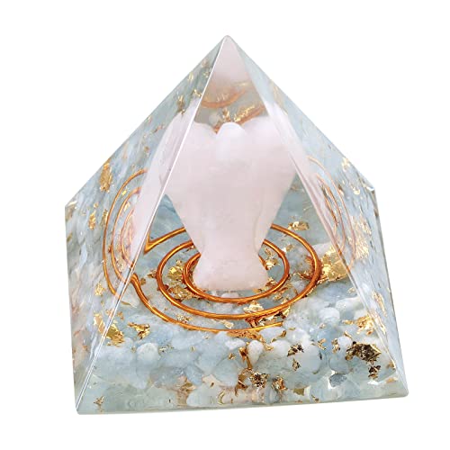 Amogeeli Aquamarin Stein Pyramide Kristall mit Rosenquarz Schutzengel, Spirituelle Heilung Engel Figur Positive Energie Reiki Pyramide Edelstein Meditation Schutz Kristall Dekoration Cover