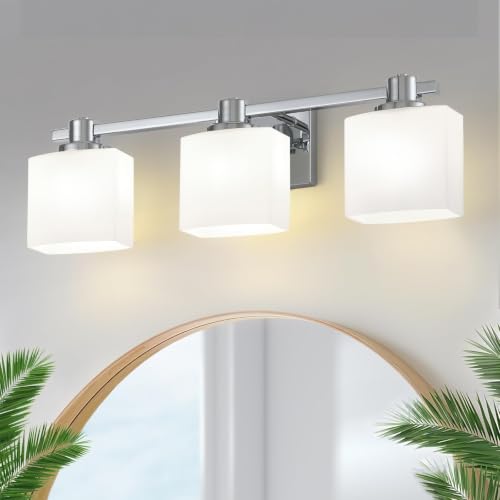 Image of 23 Inch Chrome Bathroom Light Fixtures Over Mirror 3 Light Bathroom Vanity Light Silver Modern Industrial Makeup Lighting Wall Sconce Shower Farmhouse Rustic Milk Glass Lamp Above Desk Sink