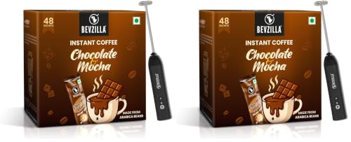 Image of Bevzilla Chocolate & Mocha Instant Coffee Powder With Rechargeable Frother | Cafe Coffee Kit for Espresso, Latte & Cappuccino | Hot & Cold | 48 Sachets (Pack of 2)