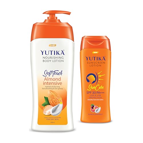 Image of Yuthika Almond Body Lotion 500ml with Sunscreen Lotion 100ml, Sunscreen SPF 30 PA+++ with UVA & UVB Protection, Nourishing Body Lotion for Women & Men