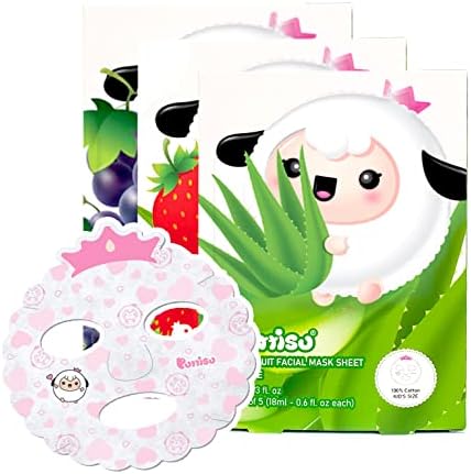Puttisu Facial Mask Sheet 15 Set for Kids, Children - Made with 100% Cotton (5x Strawberry, 5x Aloe, and 5x Grape)